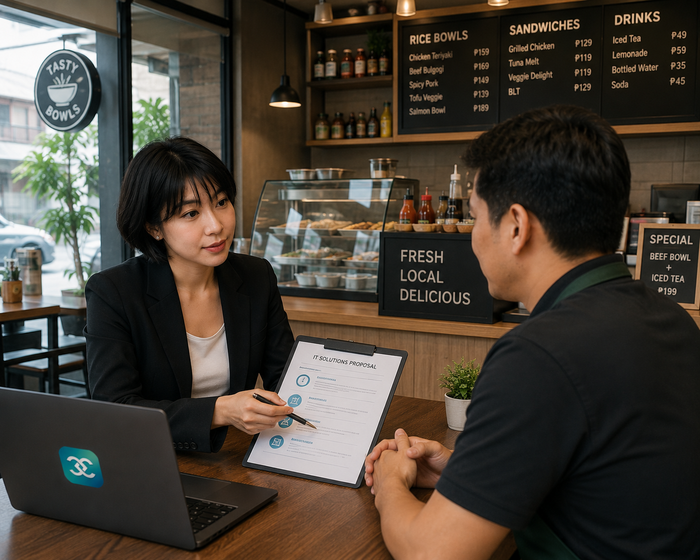 Bubbles presenting a tailored IT solutions proposal to a client