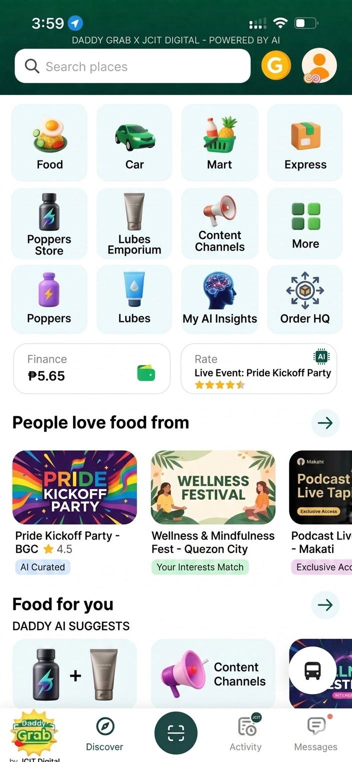 Daddy Grab concept UI showing category tiles, event cards, and AI-curated product suggestions.